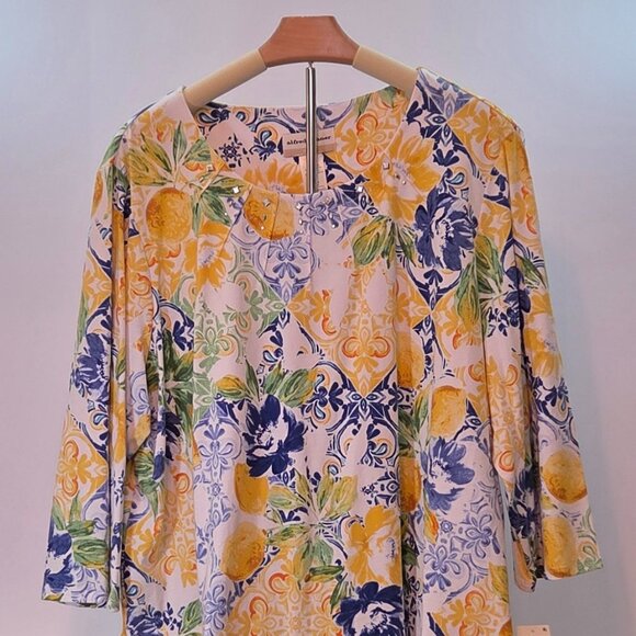 NWT - Alfred Dunner Lemon & Floral Print Top, 2X Yellow/White/Blue/Green Floral - Picture 7 of 9